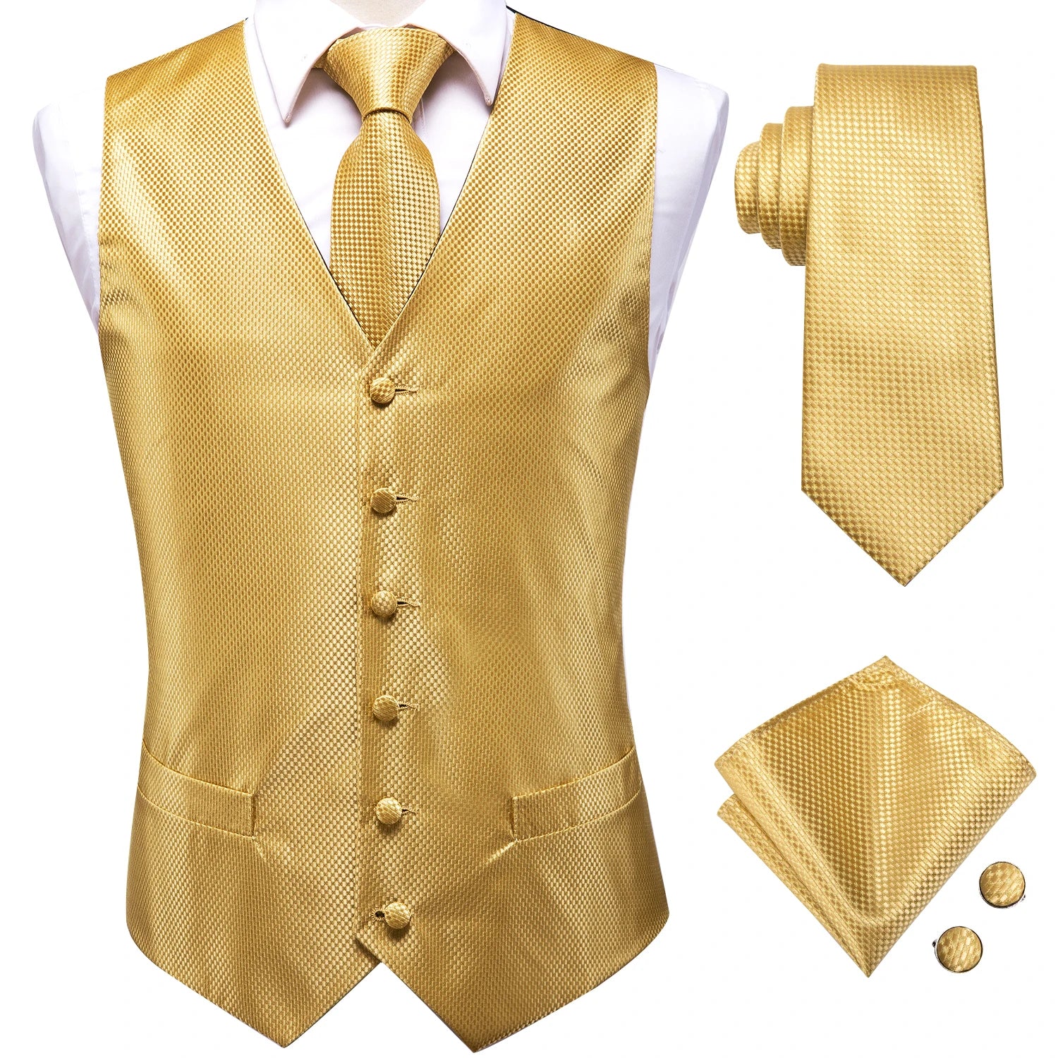 Hi-Tie Black Men Silk Vest Paisley Jacquard Necktie Hankerchief Cufflinks Sets Male Sleeveless V-Neck Waistcoat Business Formal