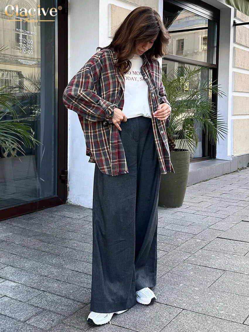 Clacive Fashion Loose Plaid Women's Shirt 2025 Vintage Lapel Long Sleeve Blouses Elegant Classic Blusas Top Female Clothing