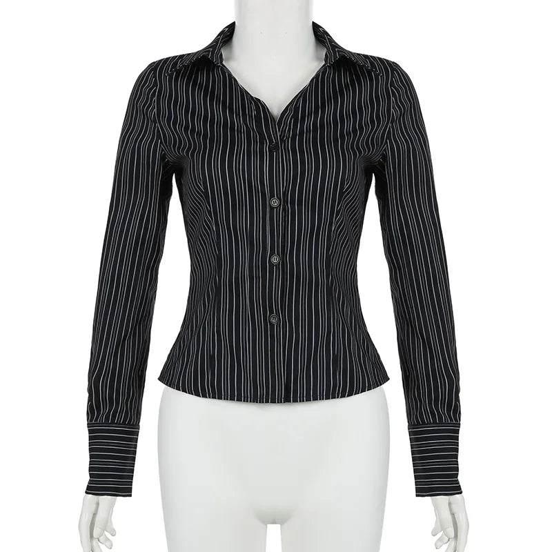Sexy Elegant Collar Breasted Cardigan Long Sleeved Shirt Slim Fit Versatile Striped Top 2025 Autumn Winter New Fashion Casual