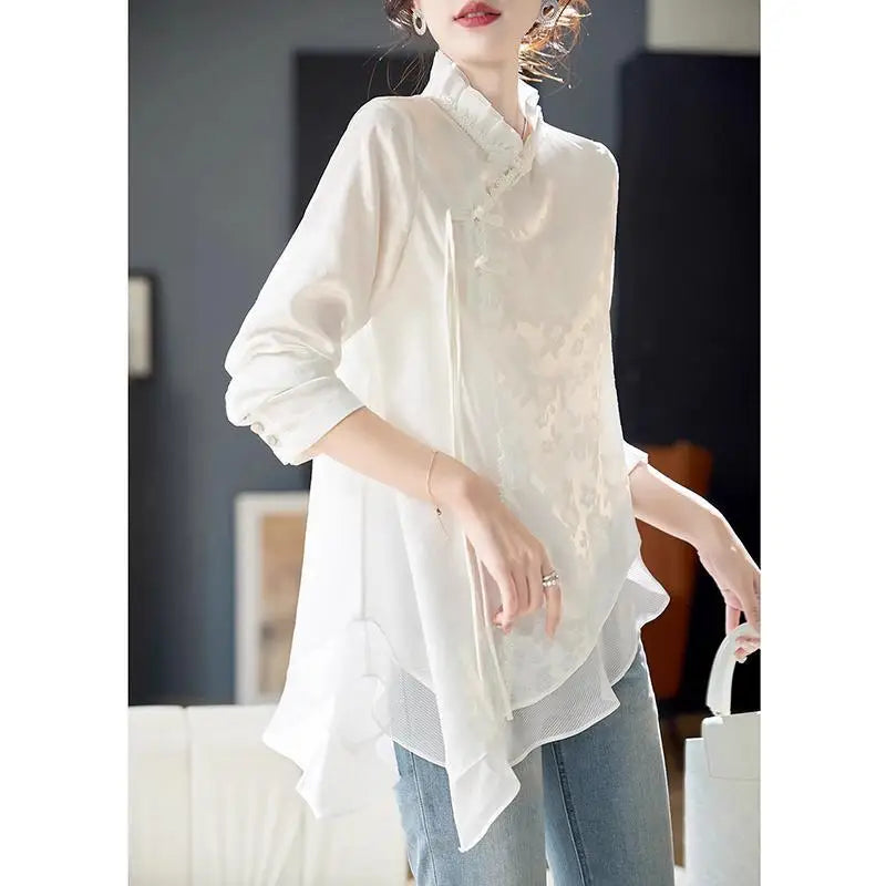Spring Autumn New Fashion Stand Collar Long Sleeve Pullovers Women's Clothing Aesthetic Loose Female Clothes Printed Women Blous