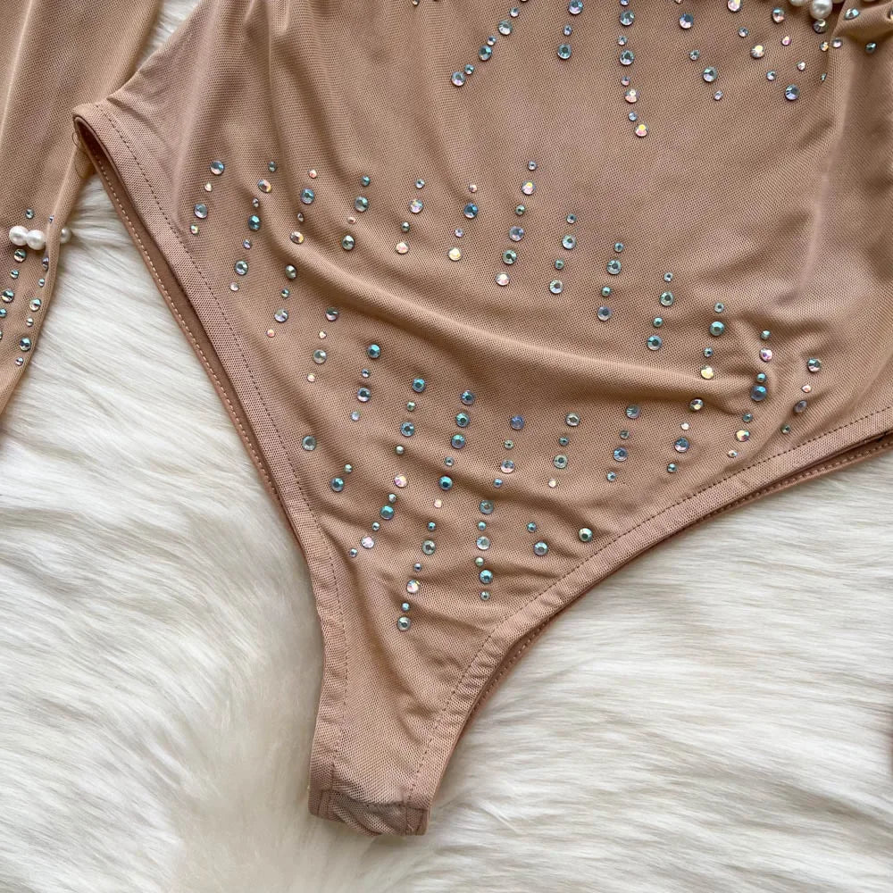 Beading Sequins Mesh Bodysuits Women O Neck Summer Sexy Party Club Long Sleeves Ladies Fashion Solid Rompers dropshipping