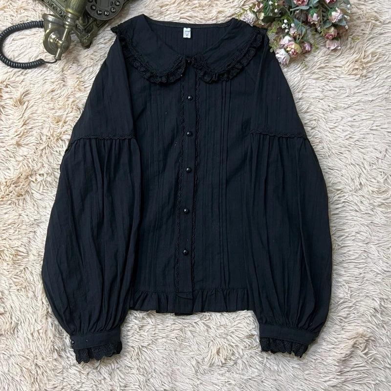 Sweet Lolita Blouses Women Cute Lace Bow Shirts Kawai Peter Pan Collar Long Sleeve Blouse Girl Cotton Comfortable Lolita Clothes