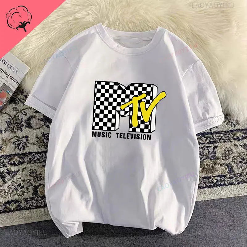 Woman Clothing Retro Cotton T Shirt Vintage Rock Hip Hop Modal Summer Unisex Casual Shirt Mtv Music Elevision Graphic Shirts