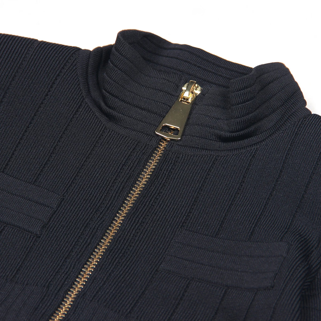 Black And White Two Colors High-quality Knitted Elastic Fabric Pocket Zipper High Neck Long Sleeved Slim Fit Women's Cardigan