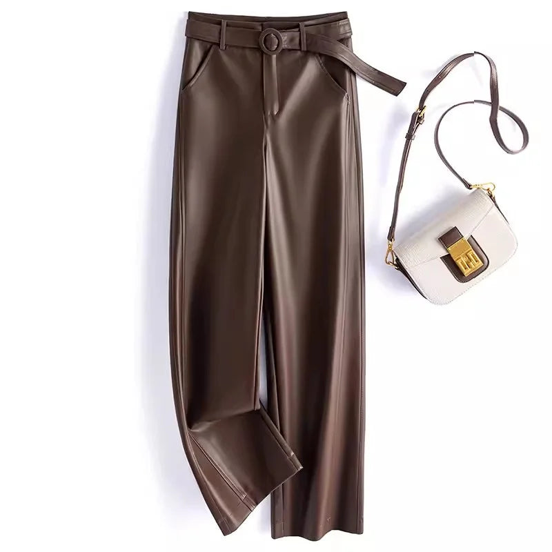 2024 Black Genuine Leather Pants Women Sheepskin Straight Pants Spring Autumn High Waist Belt Loose Real Leather Casual Trousers