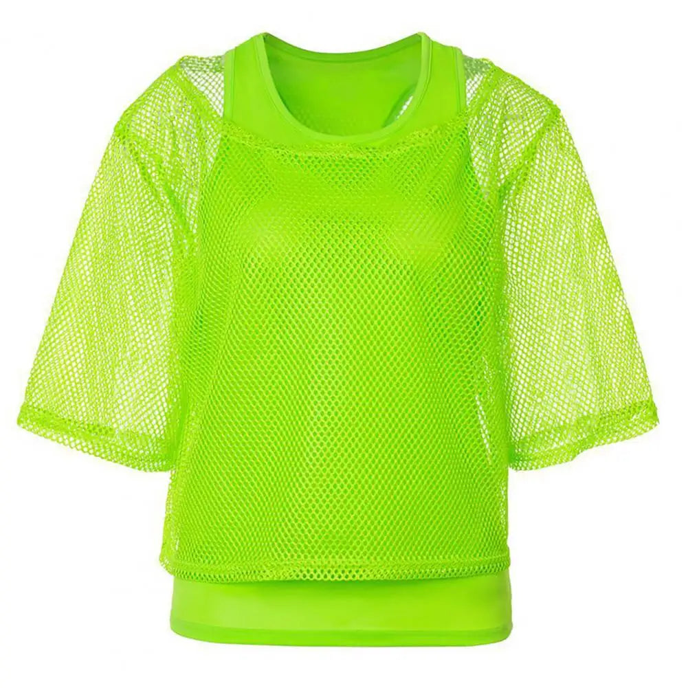 80s Mesh Shirt Vest Set Women Mesh Top Vest Set Bright Color O-Neck Short Sleeve Mesh Cropped Tops Racerback Pullover Vest Set