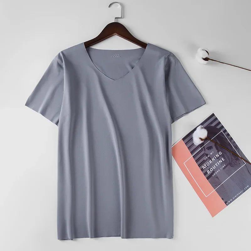 Men's Skinny Undershirt Plus Size Ice Silk Basic Shirts Breathable V-Neck Seamless T-shirt Underwear Thin Slim Bottoming Shirt
