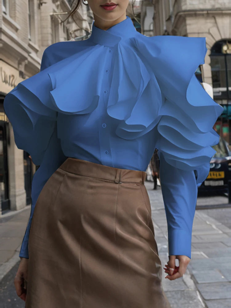 ZANZEA Elegant Office Blouse Women 2025 Fashion Ruffled Stitching Solid Shirts 3D Long Sleeve Tops Casual Loose Buttons Tunics