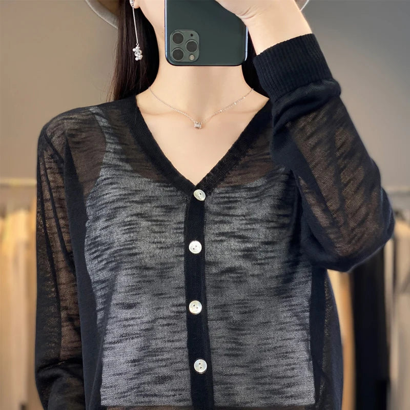 Summer New Women's Floral Yarn Ice Silk Knitted Cardigan Breathable Cool Sun Protection Sexy Cardigan NJR-330