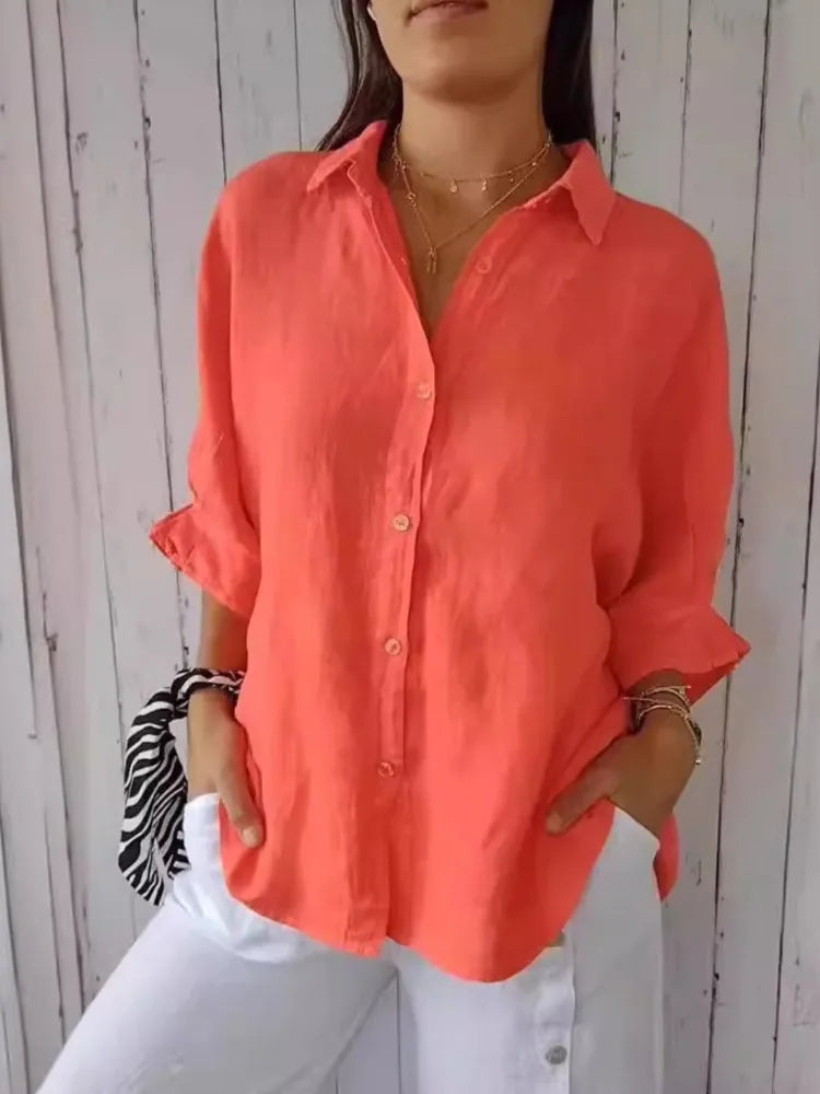 New Women Cotton Linen Shirts Elegant Back Bow Lace Up Solid Casual Shirt Spring Summer Lapel Half Sleeve Blouse Loose Tops