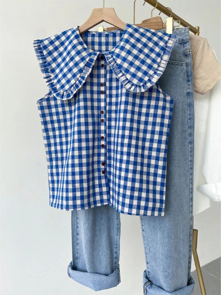 Korobov French Blue Plaid Ruffled Sleeveless Shirt Women's Clothing Summer Loose Blouses Doll Age Reduction Sweet Fashion Top