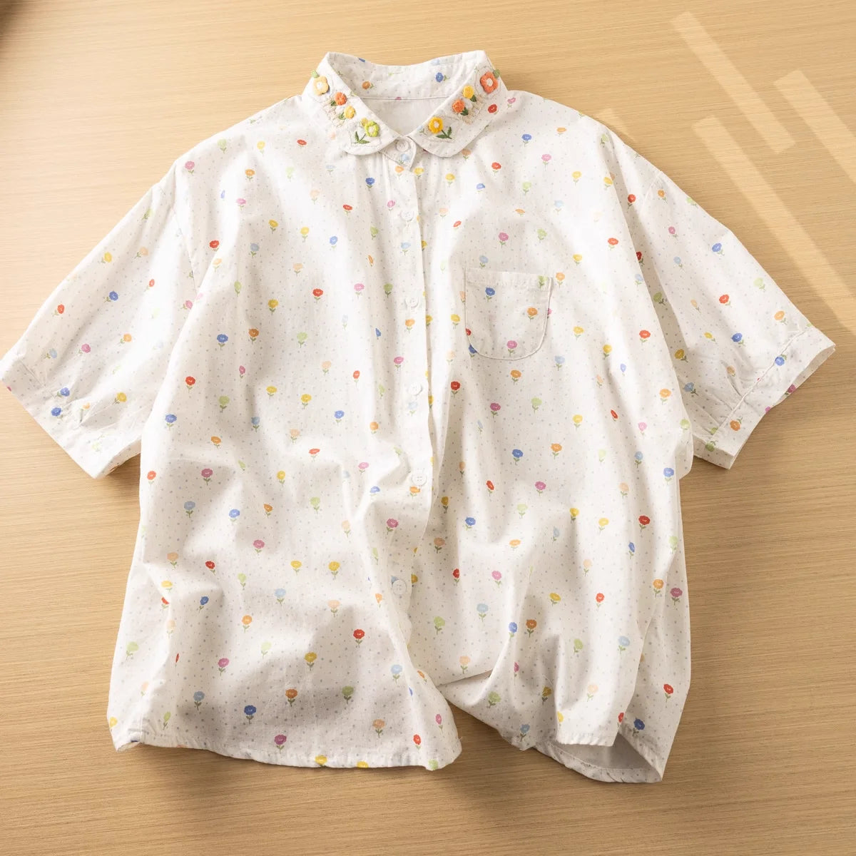 Mori kei clothing Japan style sweet floral embroidery printed shirts and blouses women 100% cotton knitted floral shirts