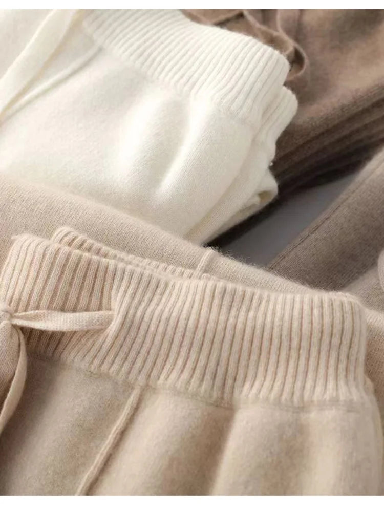 100% Pure Wool Pants Cashmere Wide Leg Trousers Women's Long Britches Knit Loose Daks Casual Pants Autumn Winter High Waist Daks