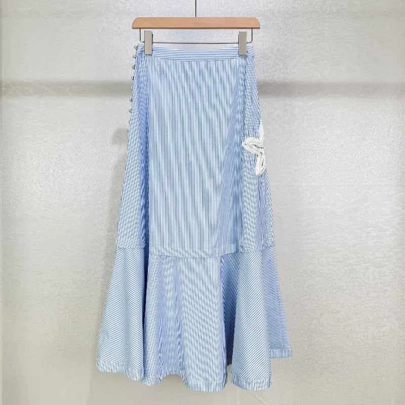 Blue and White Stripes Suit Heavy Industry Flower Embroidery Hollow Lapel Loose Shirt Skirt Design Sense Summer 2025 New Style