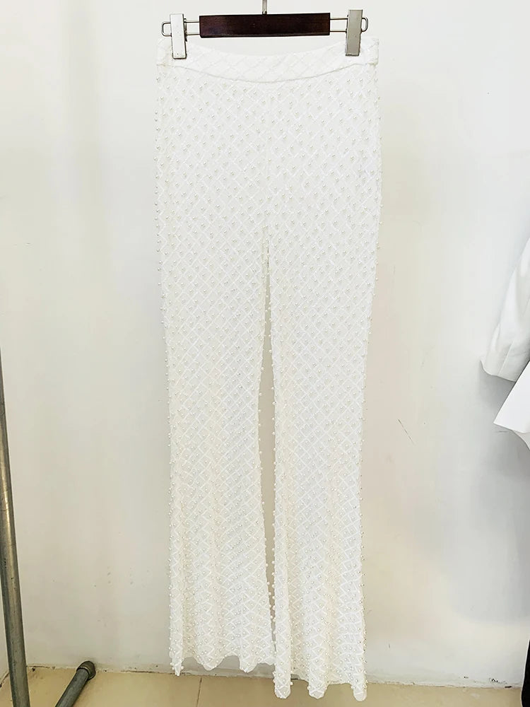 HIGH STREET Newest 2025 Designer Runway Fashion Women's Hollow Out Flowers Appliques Pearls Beaded Blazer Gauze Pants