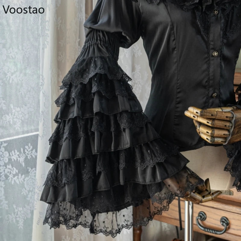 Victorian Elegant Lolita Style Shirts Japanese Women Vintage Gothic Lace Ruffles Flare Long Sleeve Blouses Sweet Y2k Slim Tops
