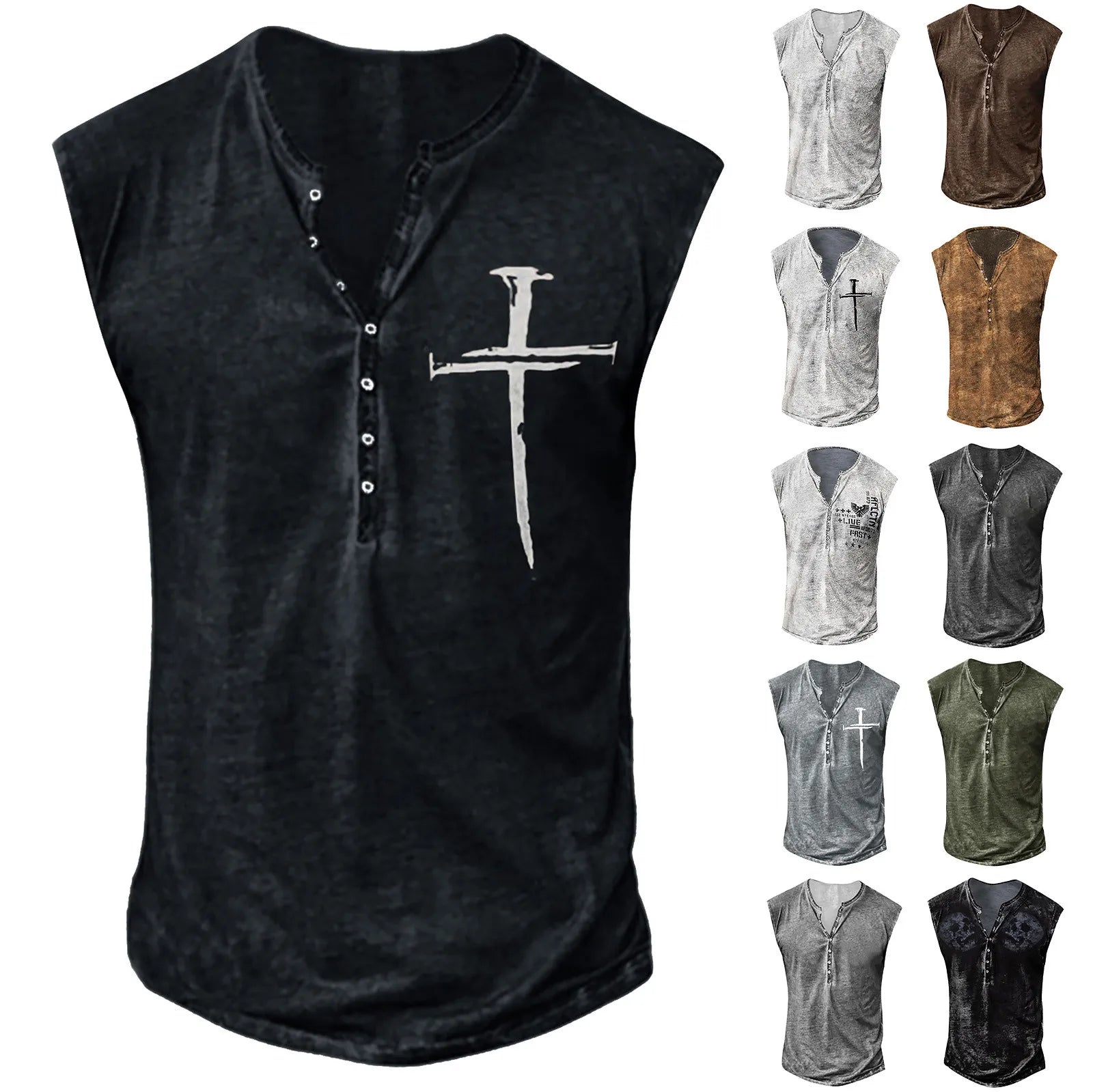 Men’s Summer Washed Fabric Surf Beach Cool Top Large Size Casual Breathable Sleeveless Top Loose Printed Tank Top With Buttons