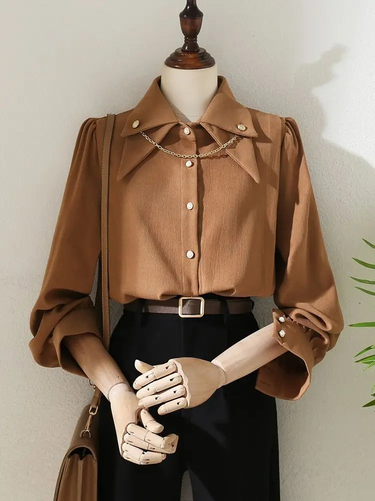 Brushed Corduroy Lapel Long-sleeved Shirt Women's Autumn and Winter New Design Chain Retro Shirt Thickened Bottoming Top