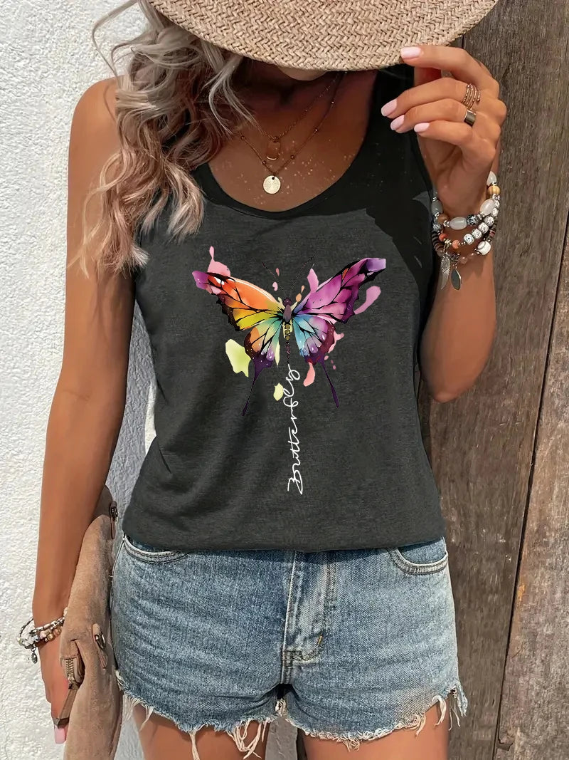 Colorful butterfly Print Women Tank Top Sleeveless Casual Summer New Crew Neck Tops for Women Clothes