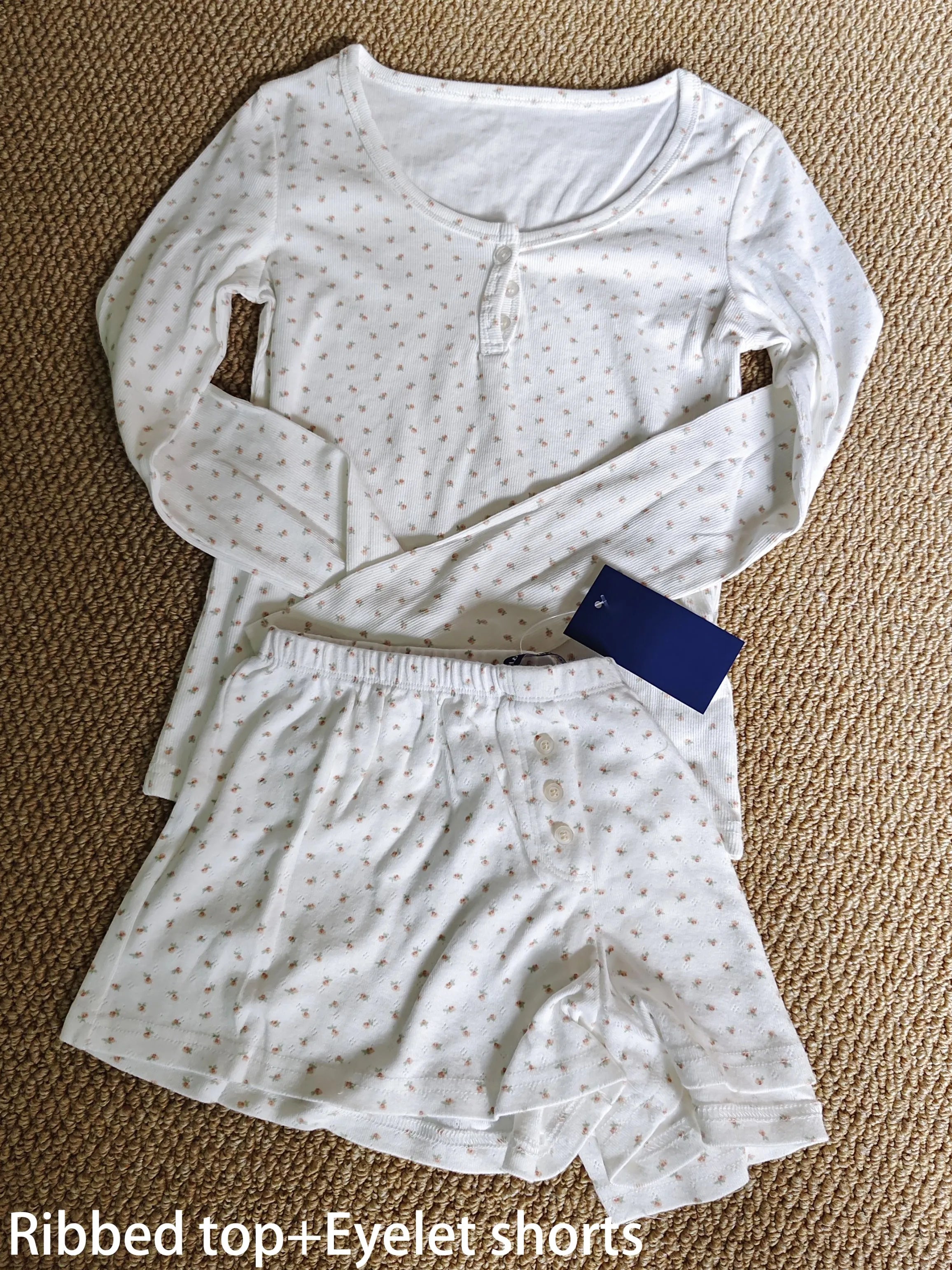Eyelet Buttons White Long Sleeve T-shirt Shorts Set Woman Slim Tees+Elastic Straight Sweatshort Cotton Home Pajama 2 Piece Sets