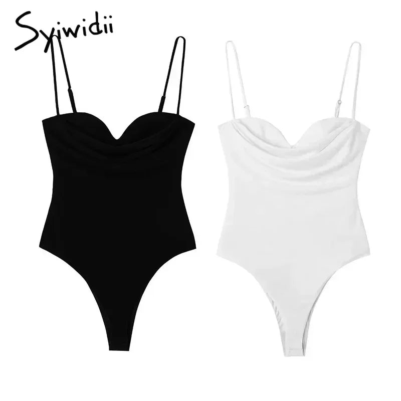 Syiwidii Women Bodysuits Fashion with Sweetheart Neck Draped Vintage Backless Zipper Thin Straps Female Playsuits Mujer 2025 New