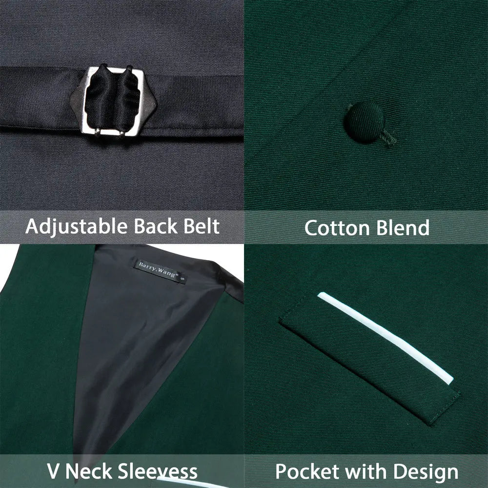 Designer Men's Vest Dark Green Solid Silk Satin Waistcoat Tie Bowtie Hanky Wedding Formal Male Suit Sleeveless Jacket Barry Wang