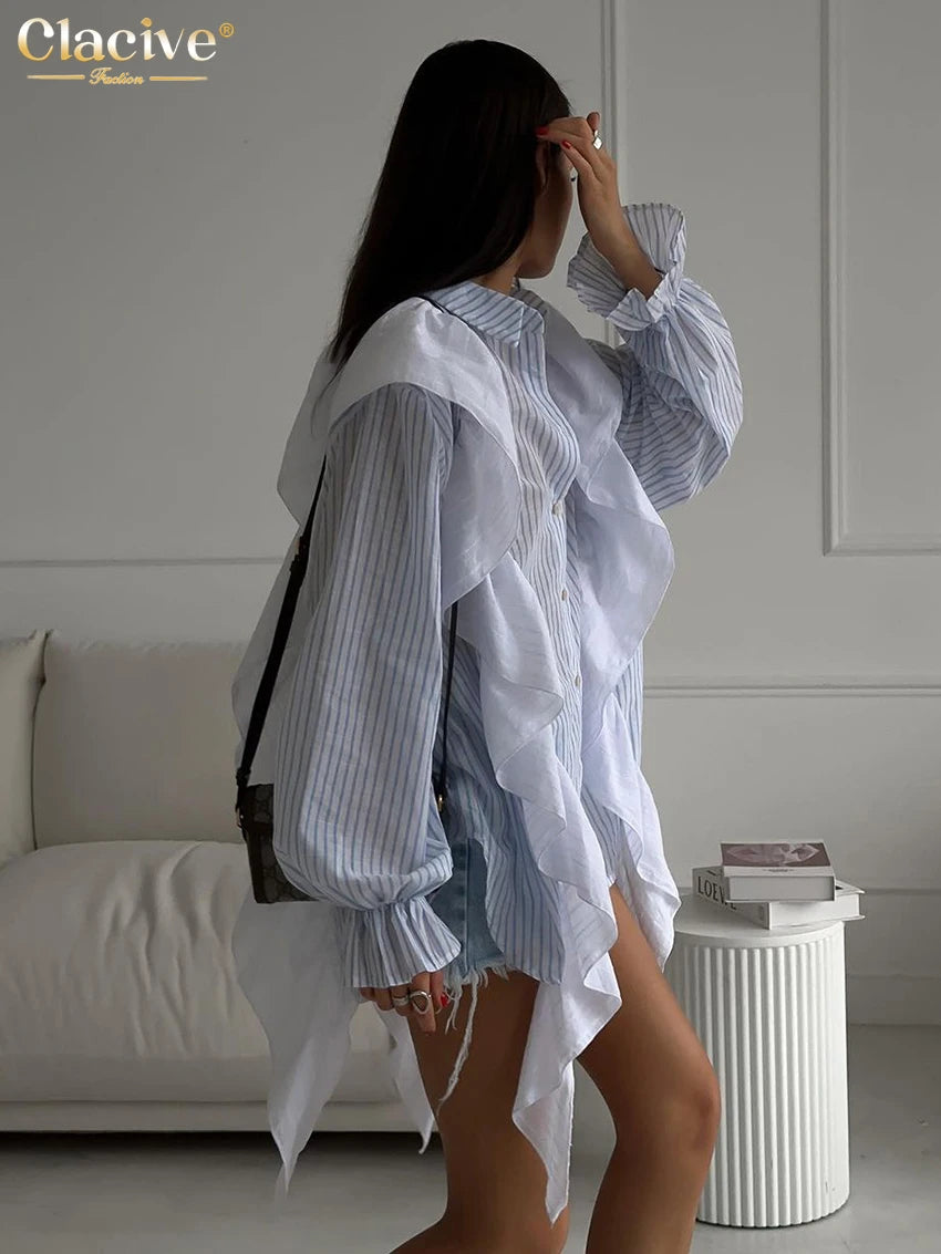 Clacive Fashion Loose Stripe Print Women'S Shirts Casual Lapel Long Sleeve Blouse Elegant Classic Patchwork Top Femlae Clothing