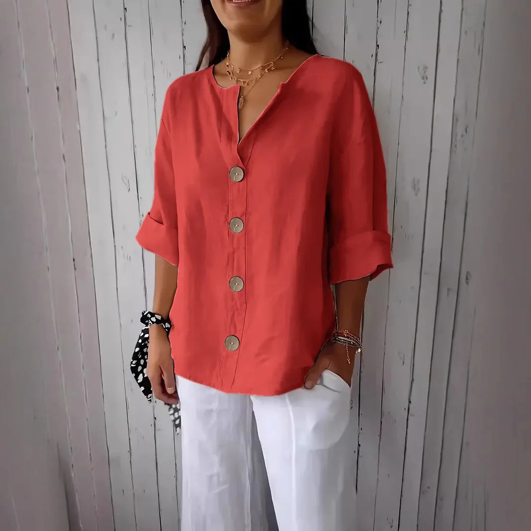 New Summer Loose Shirt Women's V-neck Cotton Linen Button Top Casual Shirts Solid Fashion Elegant Office Womens Clothing 2025