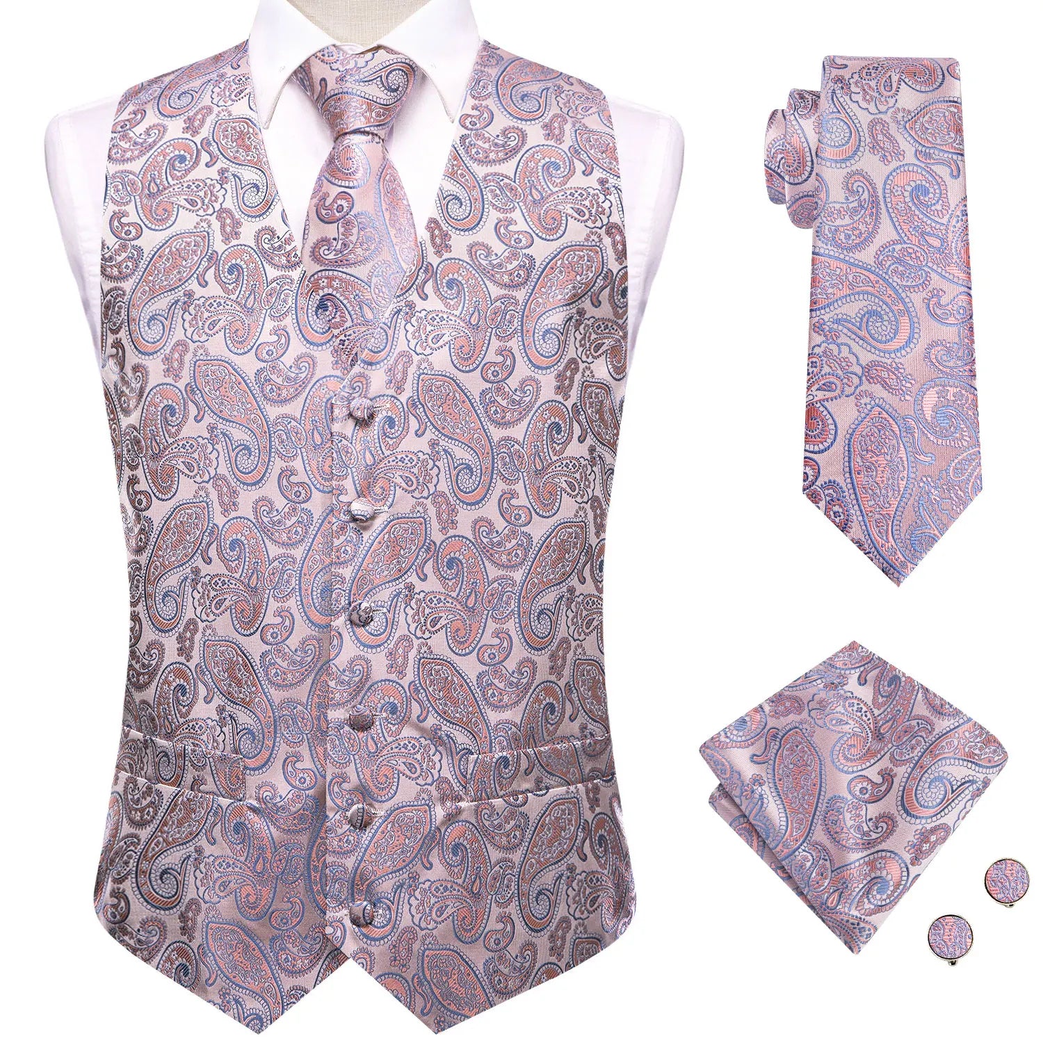 Hi-Tie Wedding Coral Pink Mens Vest Silk Tie Set Adjustable Jacquard Waistcoat Jacket Necktie Hanky Cufflinks Formal Party Gifts