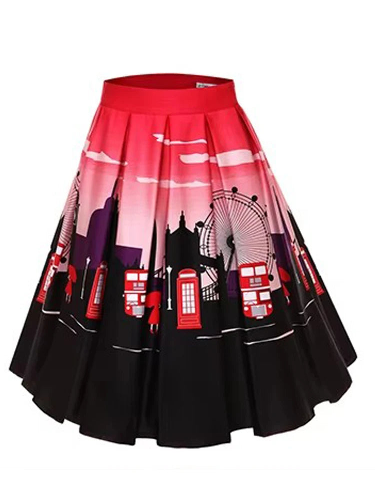 4XL Floral Music Print 50s 60s Swing Skirts Summer Casual Retro High Waisted Pleated Rockabilly Vintage Jurken Women Clothing