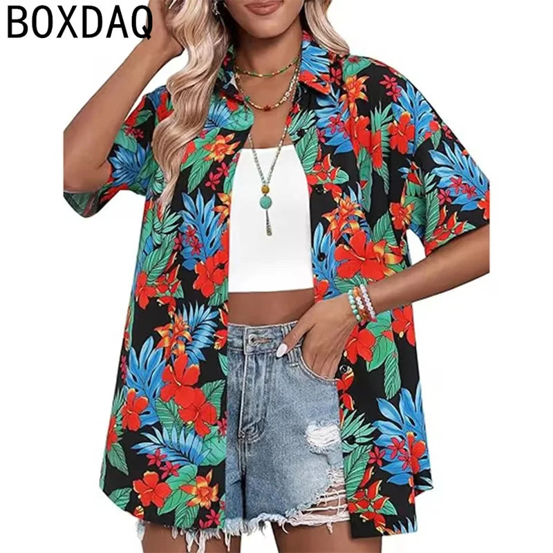 Tropical Coconut Tree Print Women's Hawaii Style Shirt Summer Lapel Short Sleeve Single Breasted Casual Personalized Shirt Tops