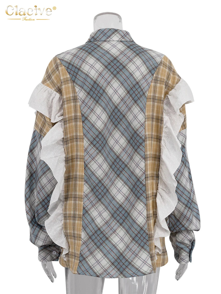 Clacive Fashion Loose Plaid Women's Shirt 2024 Vintage Lapel Long Sleeve Blouses Elegant Classic Ruffle Tops Female Clothing