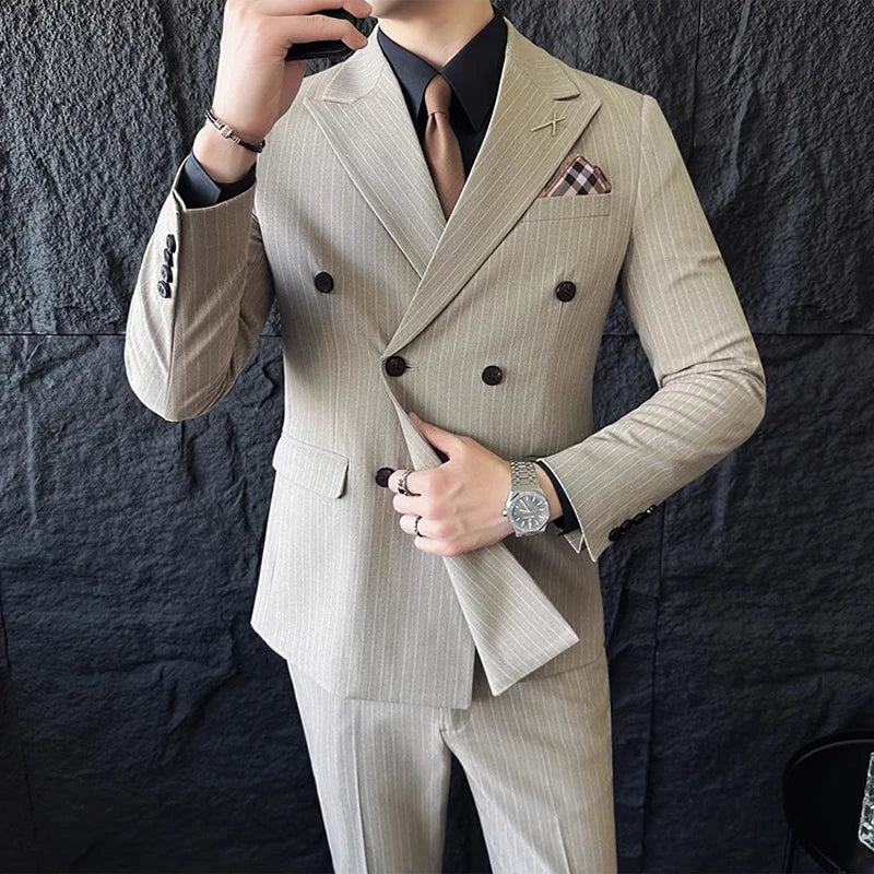 ( Blazer+Vest+Pants ) Groom Wedding Male Suit Luxury Brand Fashion Striped Men's Casual Business Office Double Breasted Suit