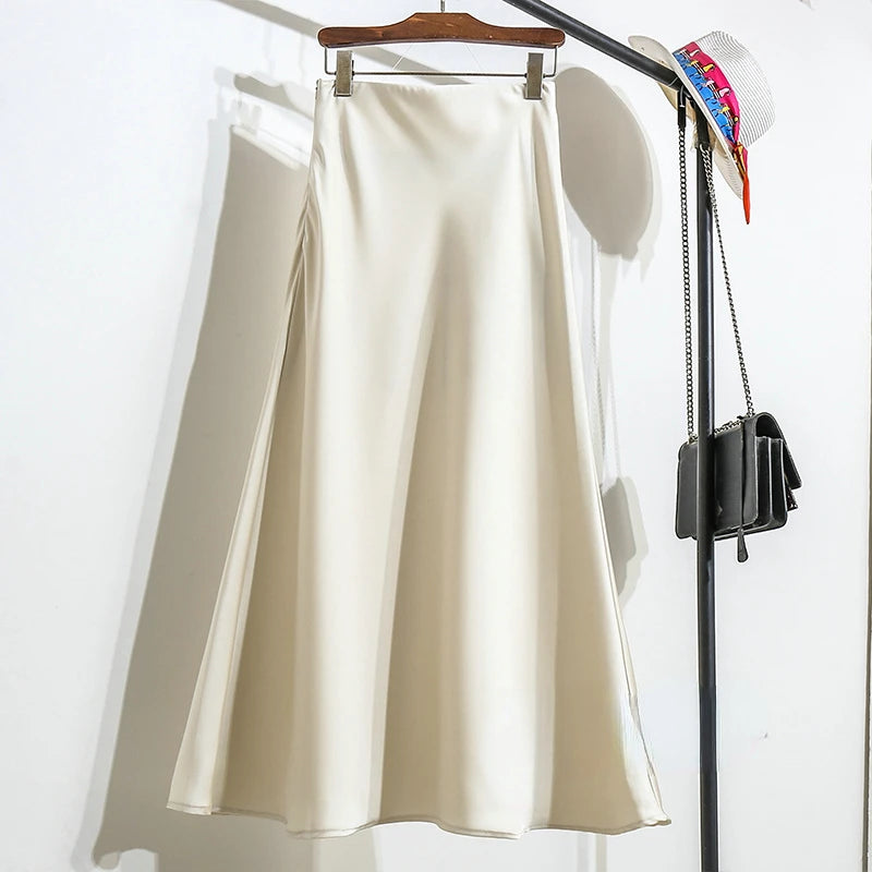 Women's Long Skirt 2024 New Fashion Satin Skirt Office Lady Elastic Waist Solid Champagne Purple Red Silk A-LINE Skirt for Women