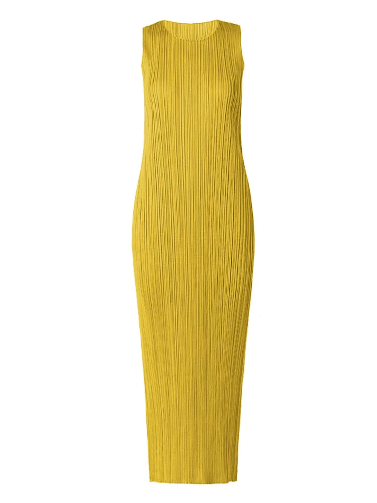 Miyake Pleated Women Dress Summer Sleeveless Long Classic Korean Fashion Casual Elegant Female Lce Water Blue Beach Dress TP5045