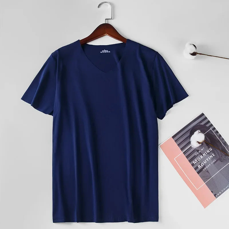 Men's Skinny Undershirt Plus Size Ice Silk Basic Shirts Breathable V-Neck Seamless T-shirt Underwear Thin Slim Bottoming Shirt
