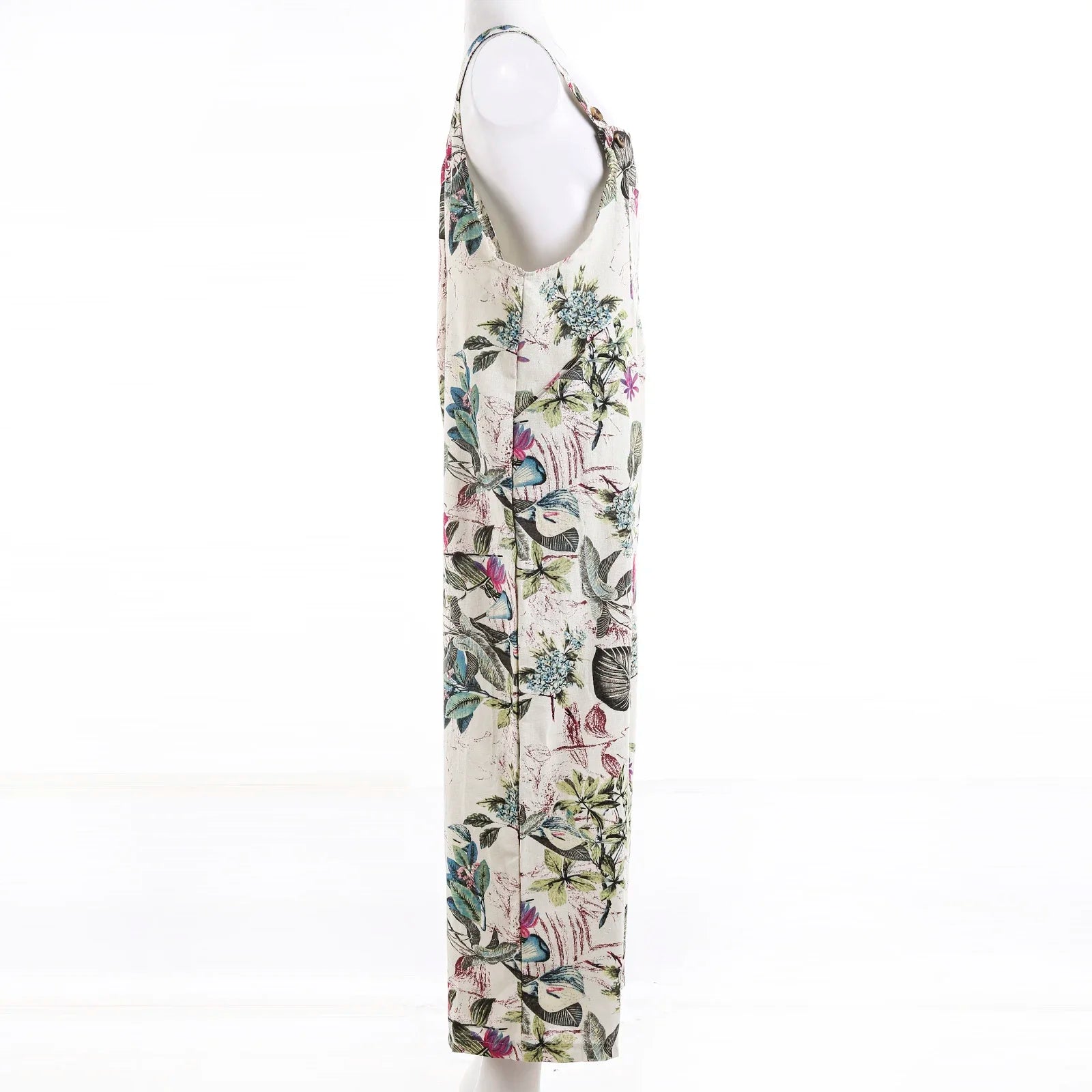 Combhasaki Women's S-3XL Cotton and Linen Jumpsuit Leaf Floral Print Square Neck Sleeveless Casual Loose Overalls with Pockets