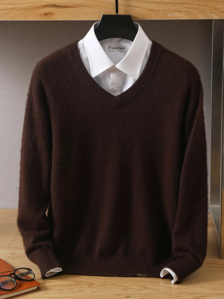 MVLYFLET 2024 NEW Men's 100% Mink Cashmere Sweater V-Neck Pullovers Knit Large Size Winter New Tops Long Sleeve High-End Jumpers
