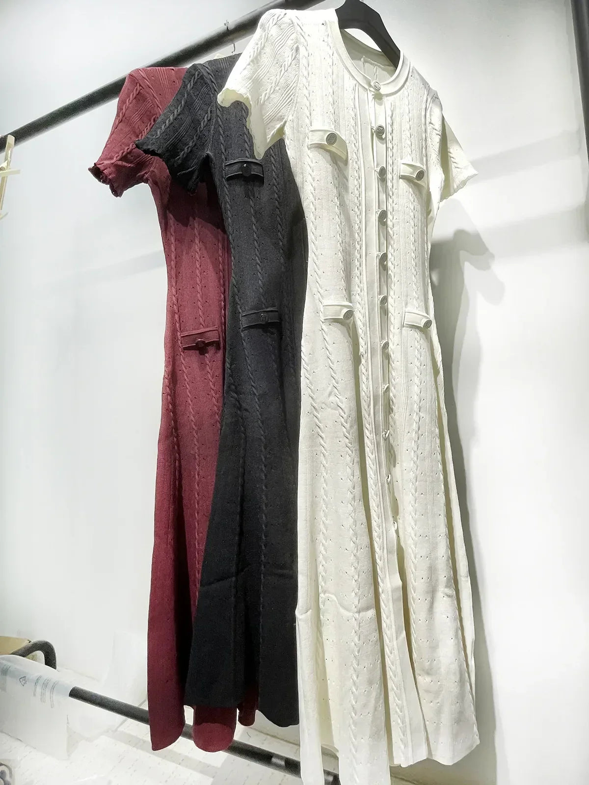 Women O-Neck White Knit Thread Mid-Length Dress Summer 2024 New Elegant Lady Ruffled Sleeve Single Breasted Slim Long Robe