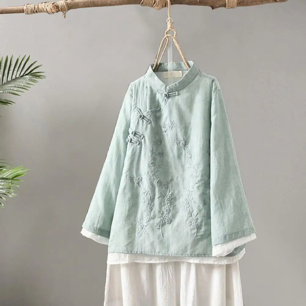 Women Spring Blouse Chinese Style Embroidered Flower Knot Button Vintage Shirt Loose Stand Collar Retro Shirt Lady Blouse Top