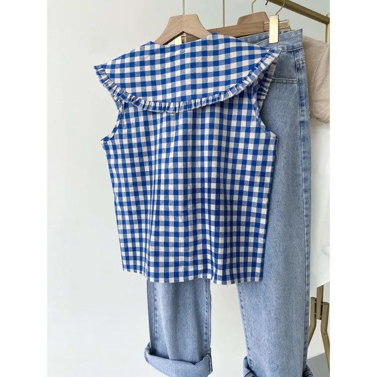 Korobov French Blue Plaid Ruffled Sleeveless Shirt Women's Clothing Summer Loose Blouses Doll Age Reduction Sweet Fashion Top