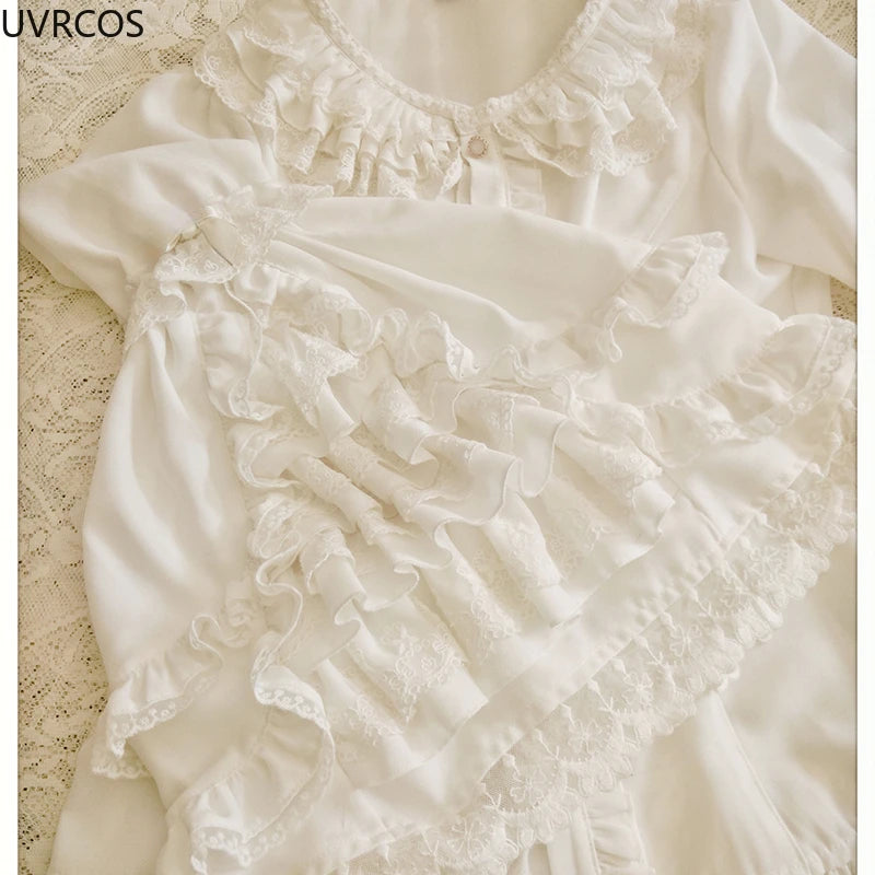 Japanese Victorian Vintage Lolita Shirts Women Vintage Sweet Flare Long Sleeves Slim Tops Female Gothic Y2k Black White Blouses