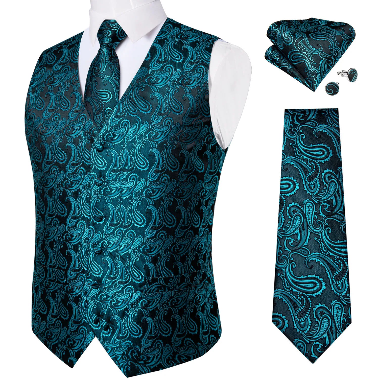 Luxury Silver Gray Paisley Suit Vest Men Tuxedo Blazers Wedding Party Waistcoat Neck Tie Set Casual Sleeveless Jacket
