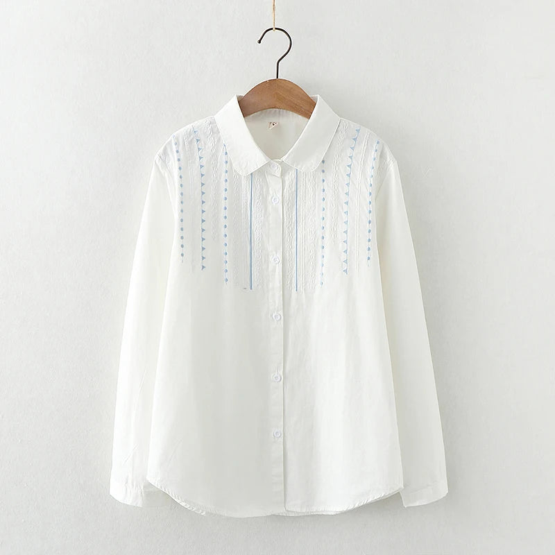 Embroidery Cotton Women's Long Sleeve Shirts 2024 Autumn New Art Jacquard Ladies Lace Collar White Casual Blouses & Tops
