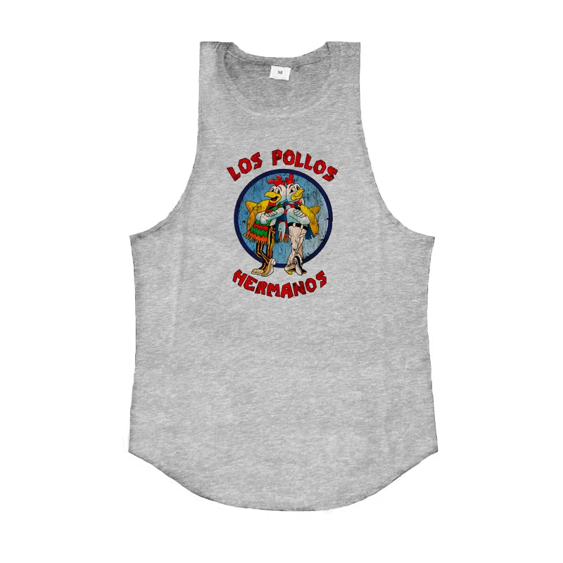 LOS POLLOS Hermanos Funny Printed Gym Clothing Mens Bodybuilding Fitness Running Tank Tops Cotton Cool Sleeveless Sport Shirt