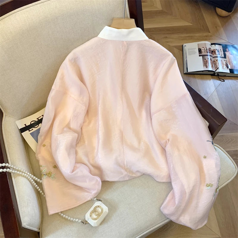 Chiffon Women's Shirts Chinese Style Embroidery Blouses Loose Fashion Women Tops Spring/Summer Floral Vintage Clothing