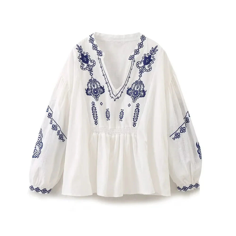 BWQ 2025 Summer New Women's Fashion Versatile Loose and Slim V-neck Beaded Embroidered Long sleeved Shirt