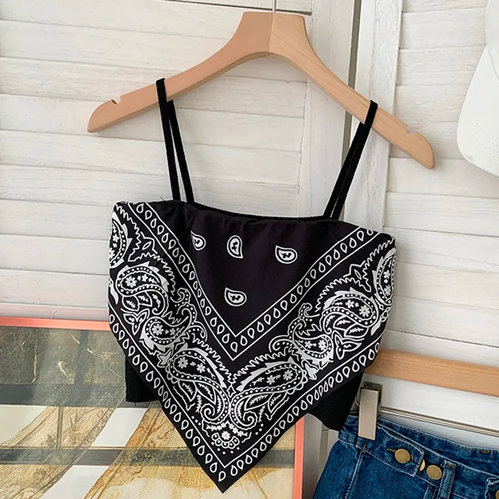 Women's Printed Sleeveless Tank Top Shirt Basic Solid Tank Top Fashion Satin Lace Up Italian Noodle Bandana Tube Crop Top