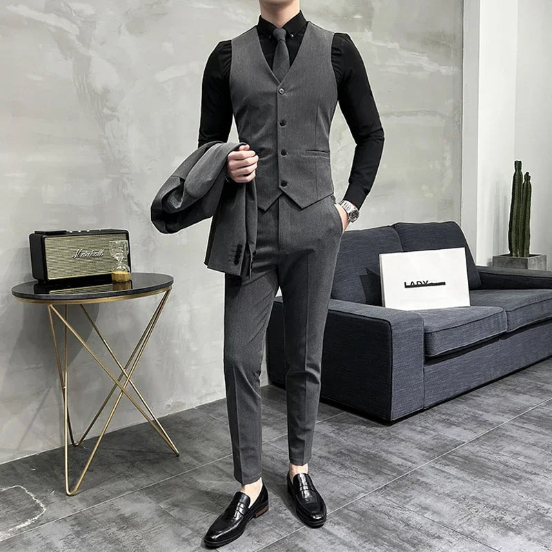 ( Blazer + Vest + Pants ) Boutique Fashion Solid Color Men's Slim Casual Business Suit Three-piece Set Groom Wedding Dress Party