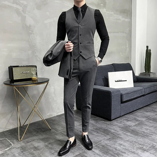 ( Blazer + Vest + Pants ) Boutique Fashion Solid Color Men's Slim Casual Business Suit Three-piece Set Groom Wedding Dress Party
